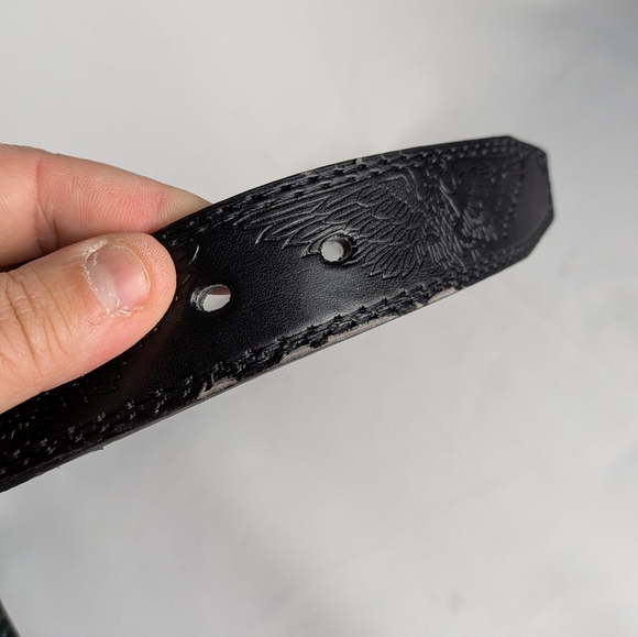 American Pride Black Leather Belt Size 44 With Eagles Pattern Bikercore - Picture 6 of 8
